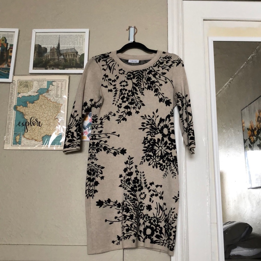 Calvin Klein Fitted Floral Sweater Dress